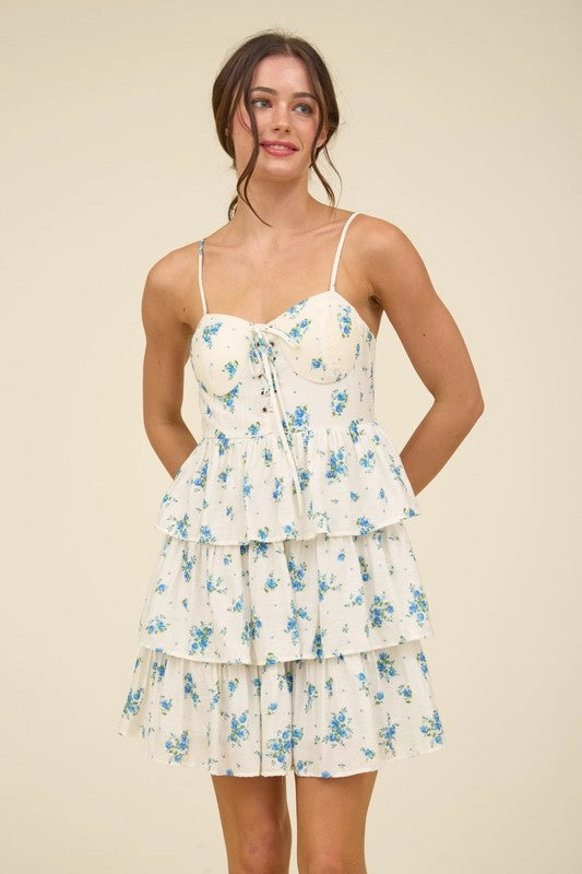 Birthday-Celebration EMMALEE FLORAL FRONT LACE UP RUFFLE TIERED MINI DRESS