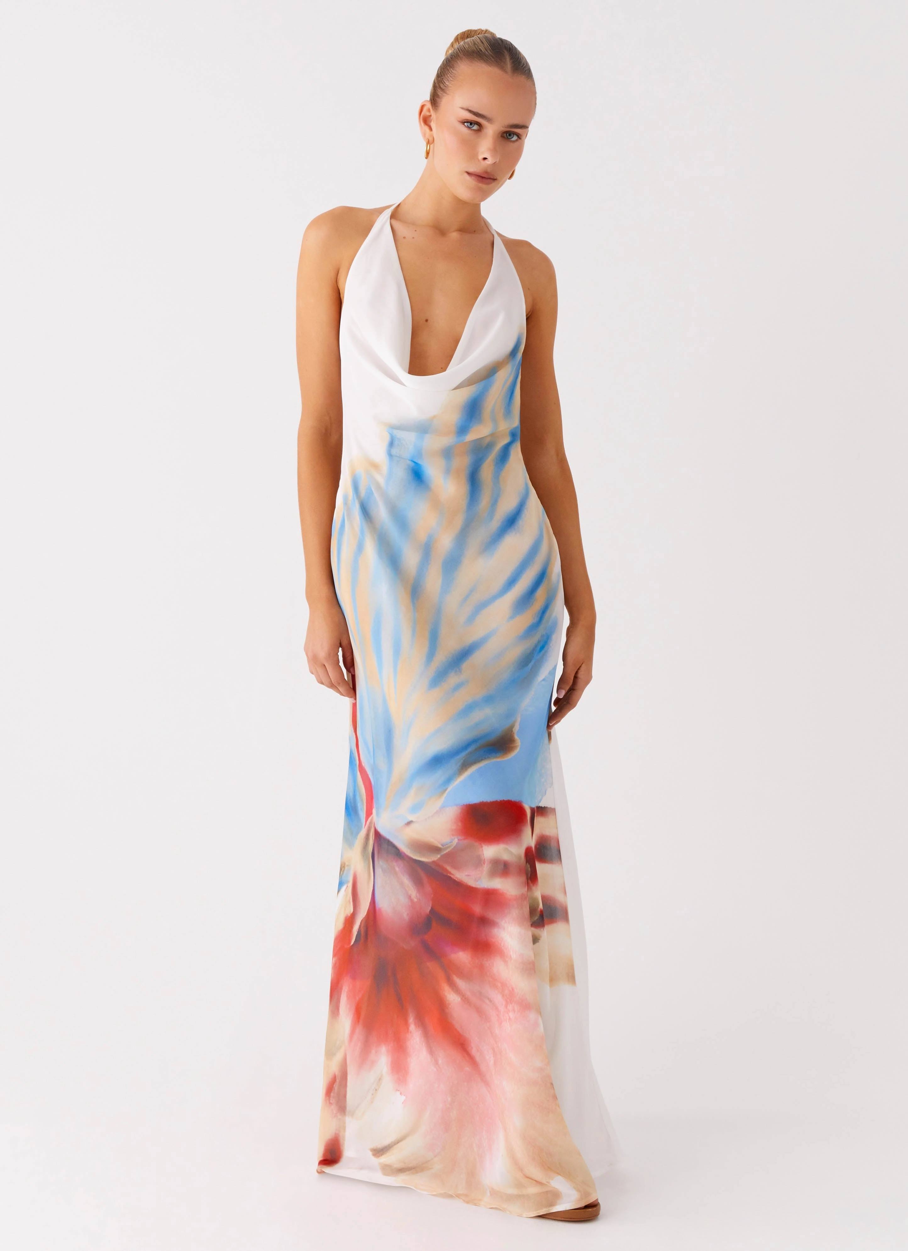 soft elegance Stars Align Cowl Maxi Dress - White Sea Bloom