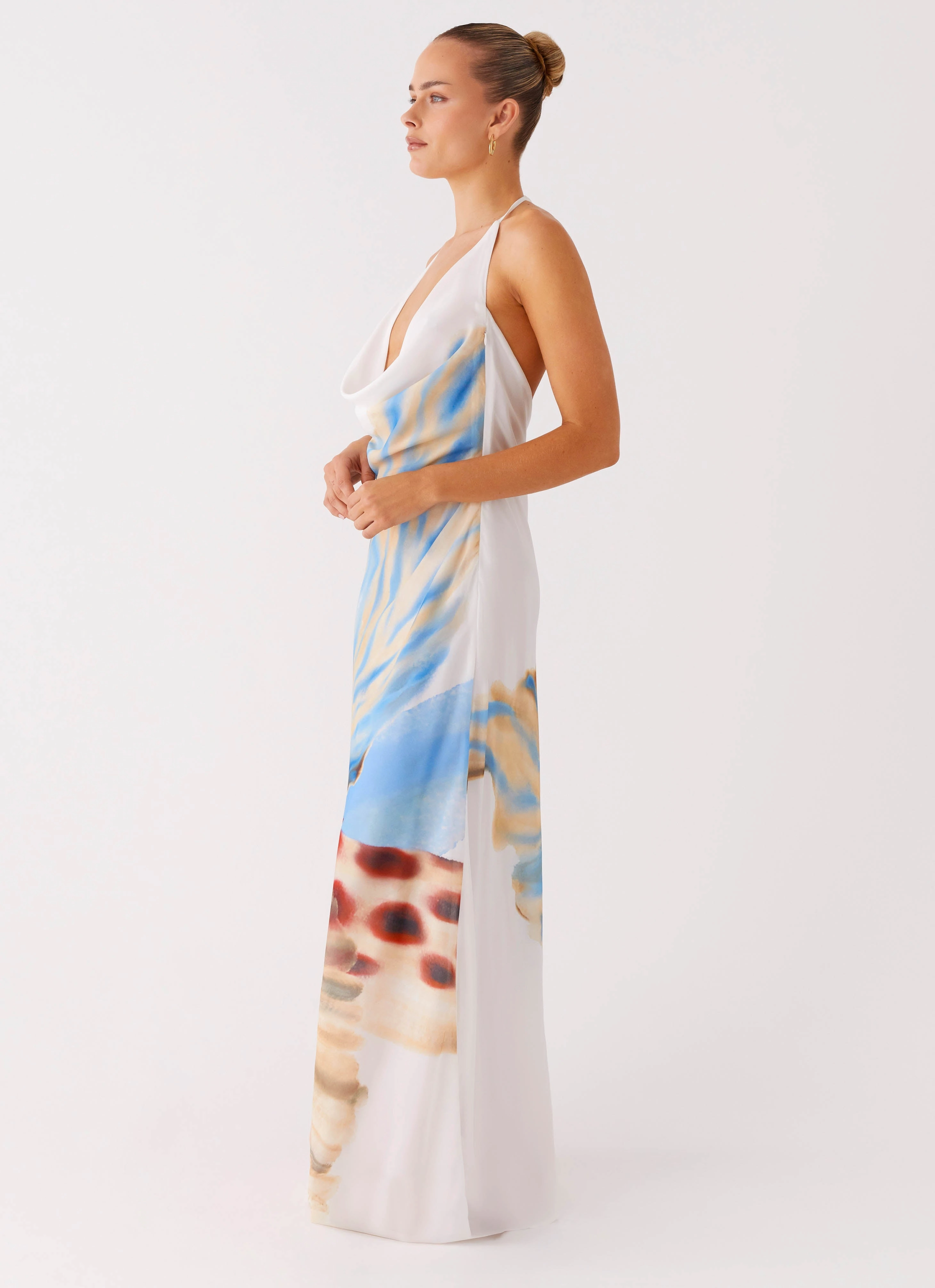 Stars Align Cowl Maxi Dress - White Sea Bloom Bright Bloom Soft Lines