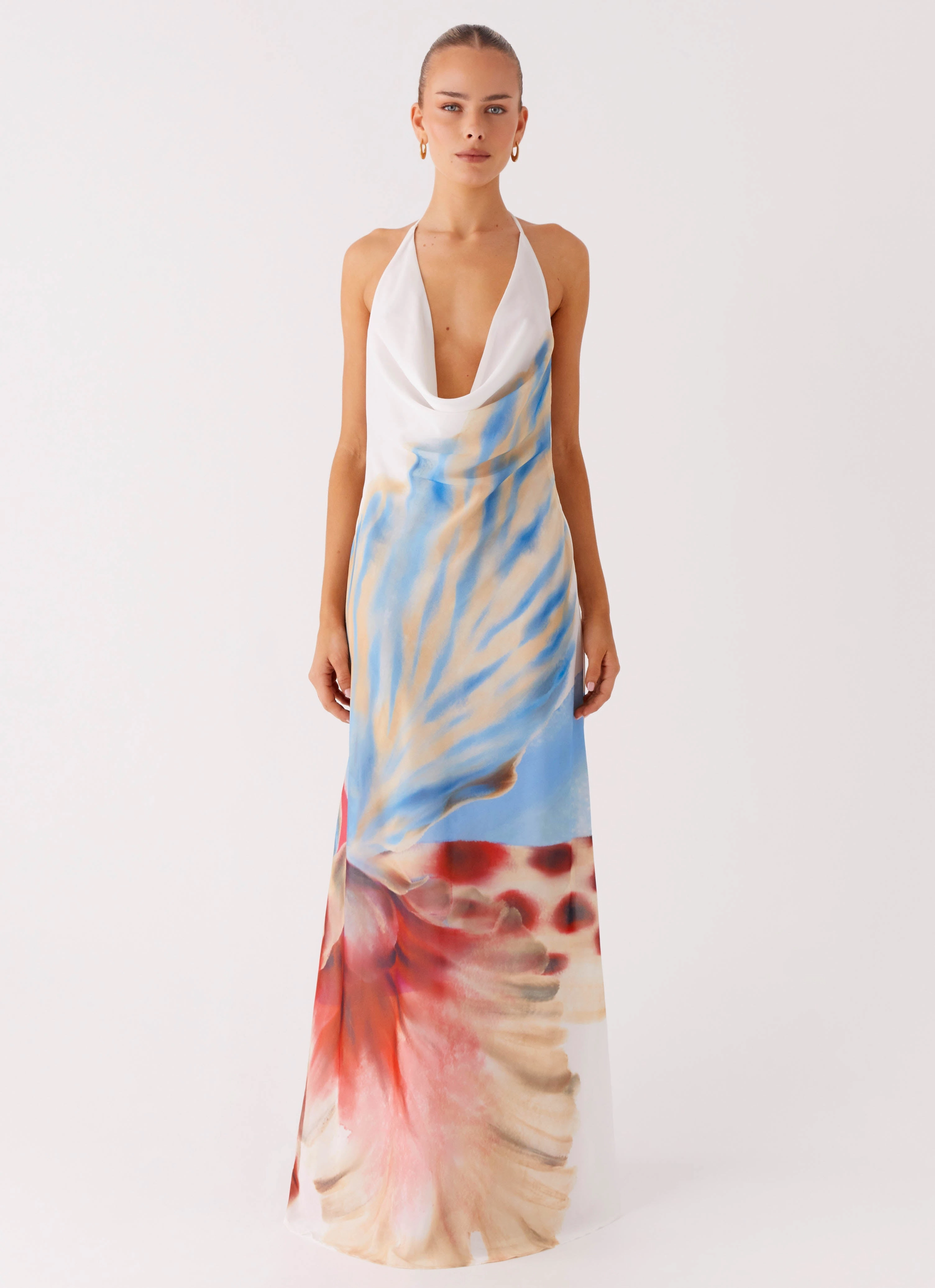Calm Shine Stars Align Cowl Maxi Dress - White Sea Bloom