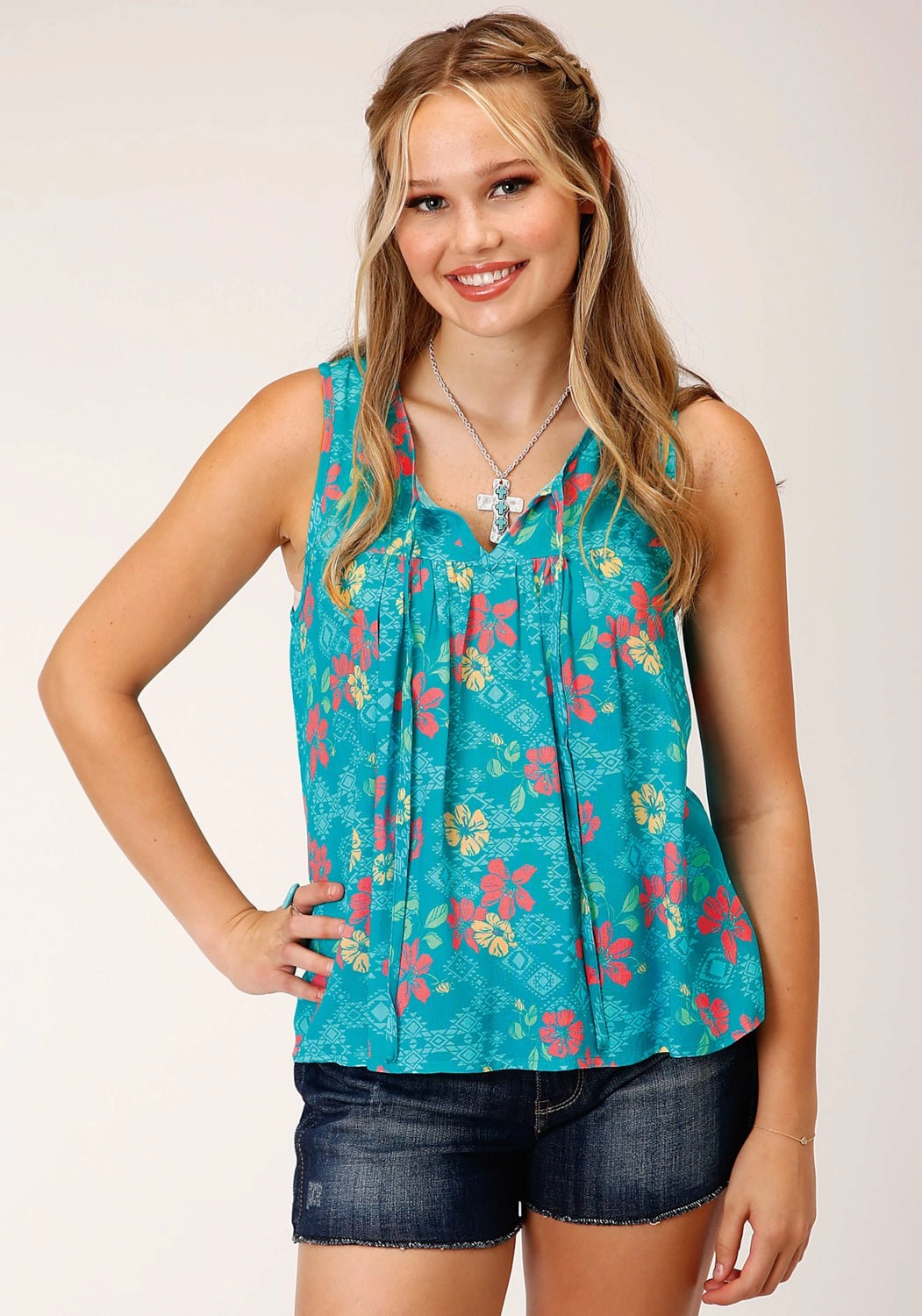 Festive Look Roper Womens Tropical Aztec Blue Rayon/Nylon Tan k Top