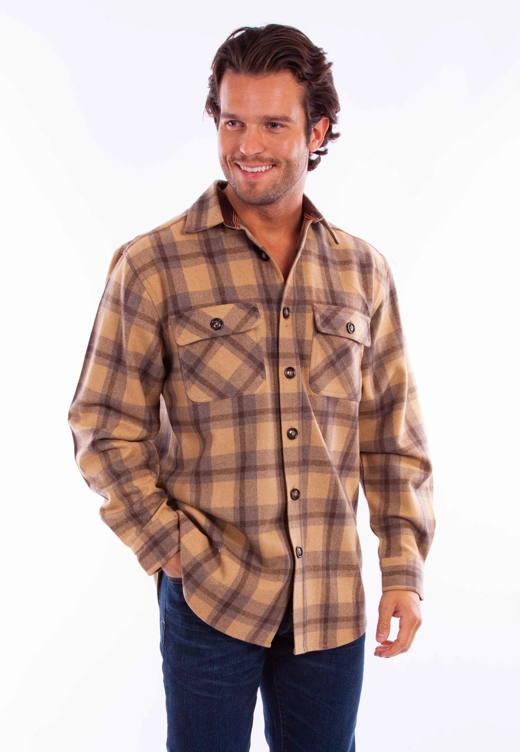 Scully Mens Heavyweight Flannel Tan Wool Blend L/S Shirt Premium Pima Cotton Laser Cut Edge Detail