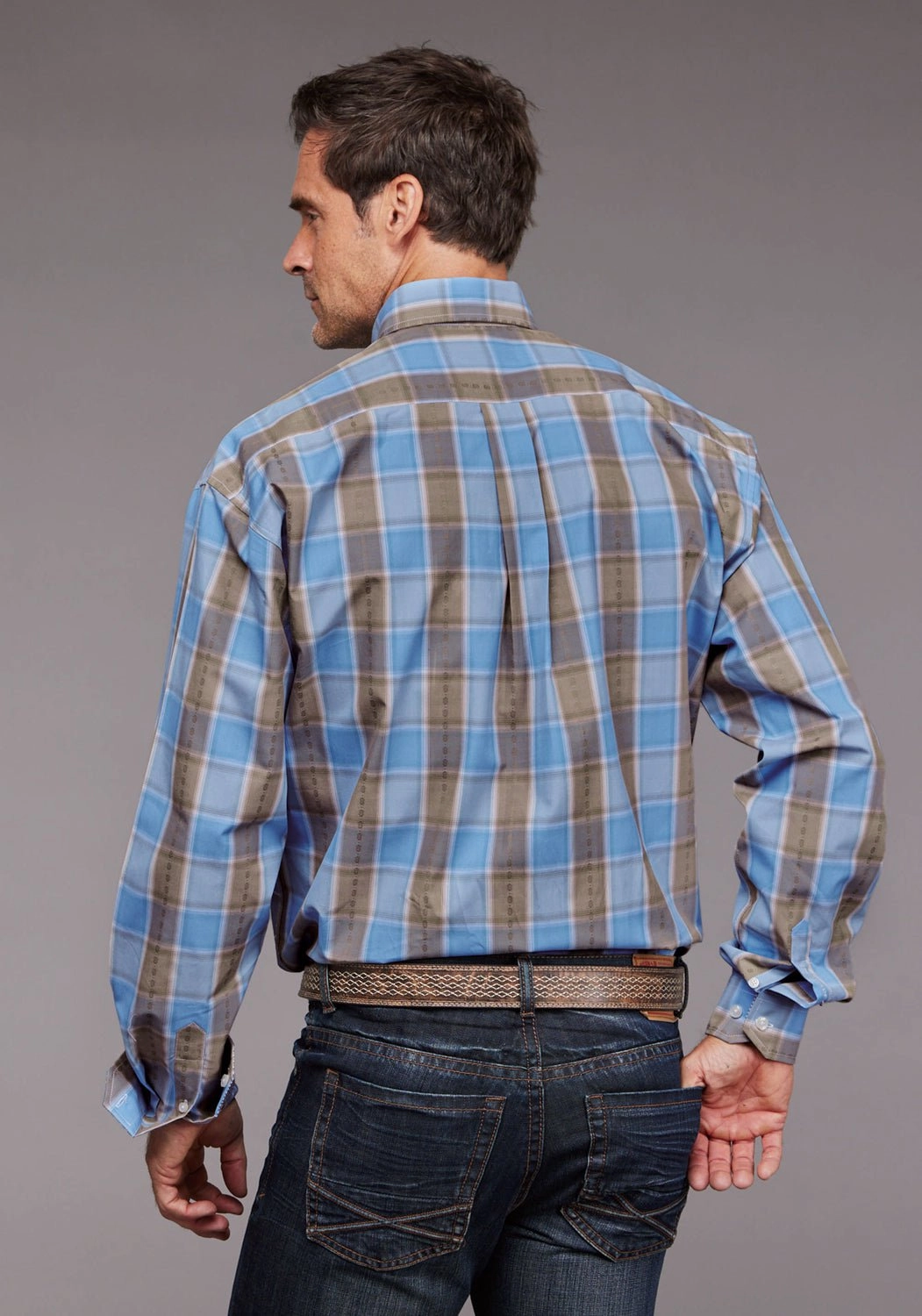 Stetson Mens Chambray Dobby Plaid Blue 100% Cotton 1 Pkt L/S Shirt Comfort-First