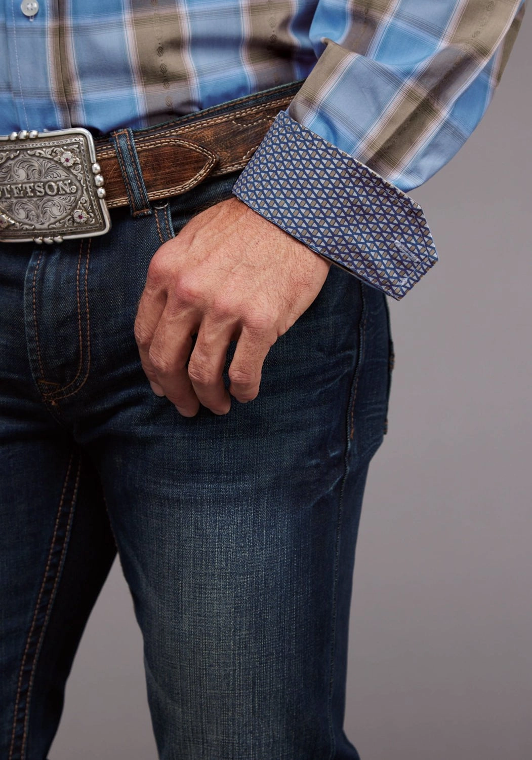 Stetson Mens Chambray Dobby Plaid Blue 100% Cotton 1 Pkt L/S Shirt Contemporary Style