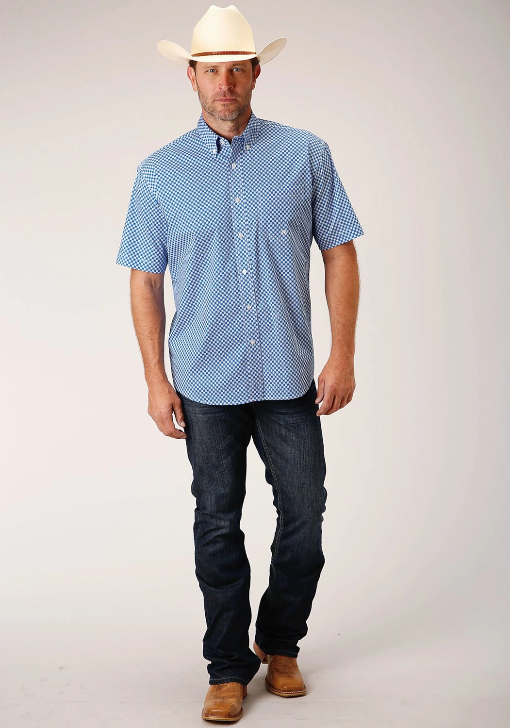 Laser Cut Edge Detail Autumn Look Roper Mens Blue Cotton Blend Diamond Star Geo BD S/S 1 Pkt Shirt