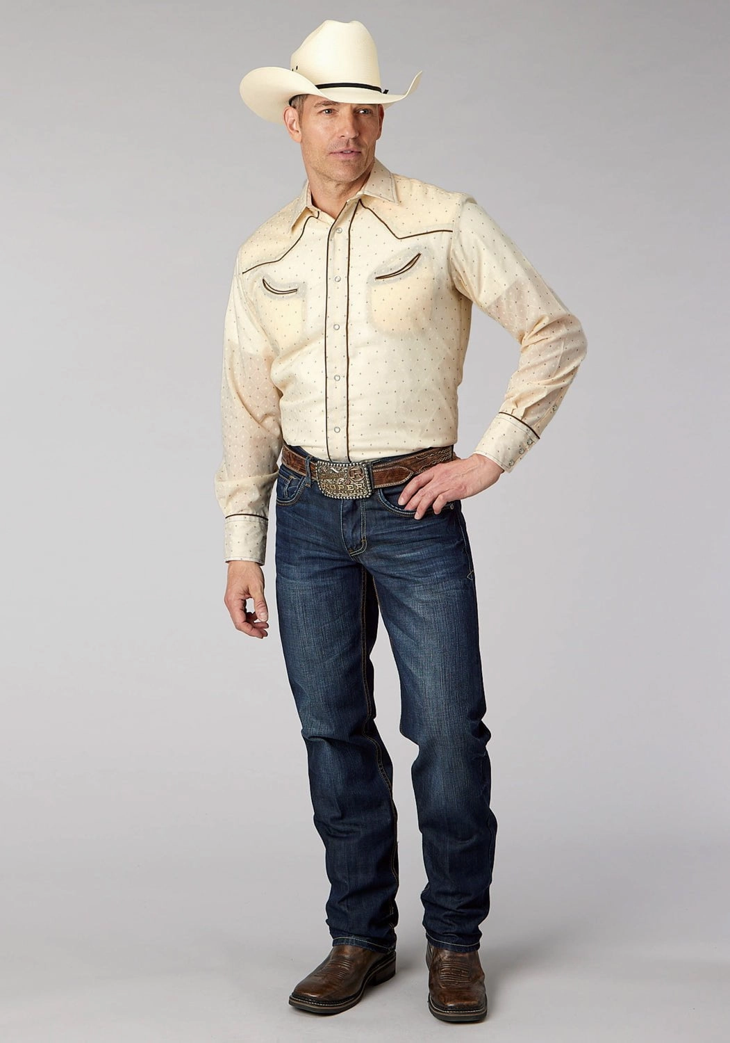 On-The-Go Style Roper Mens Diamond Wallpaper Cream/White Cotton Blend L/S Shirt