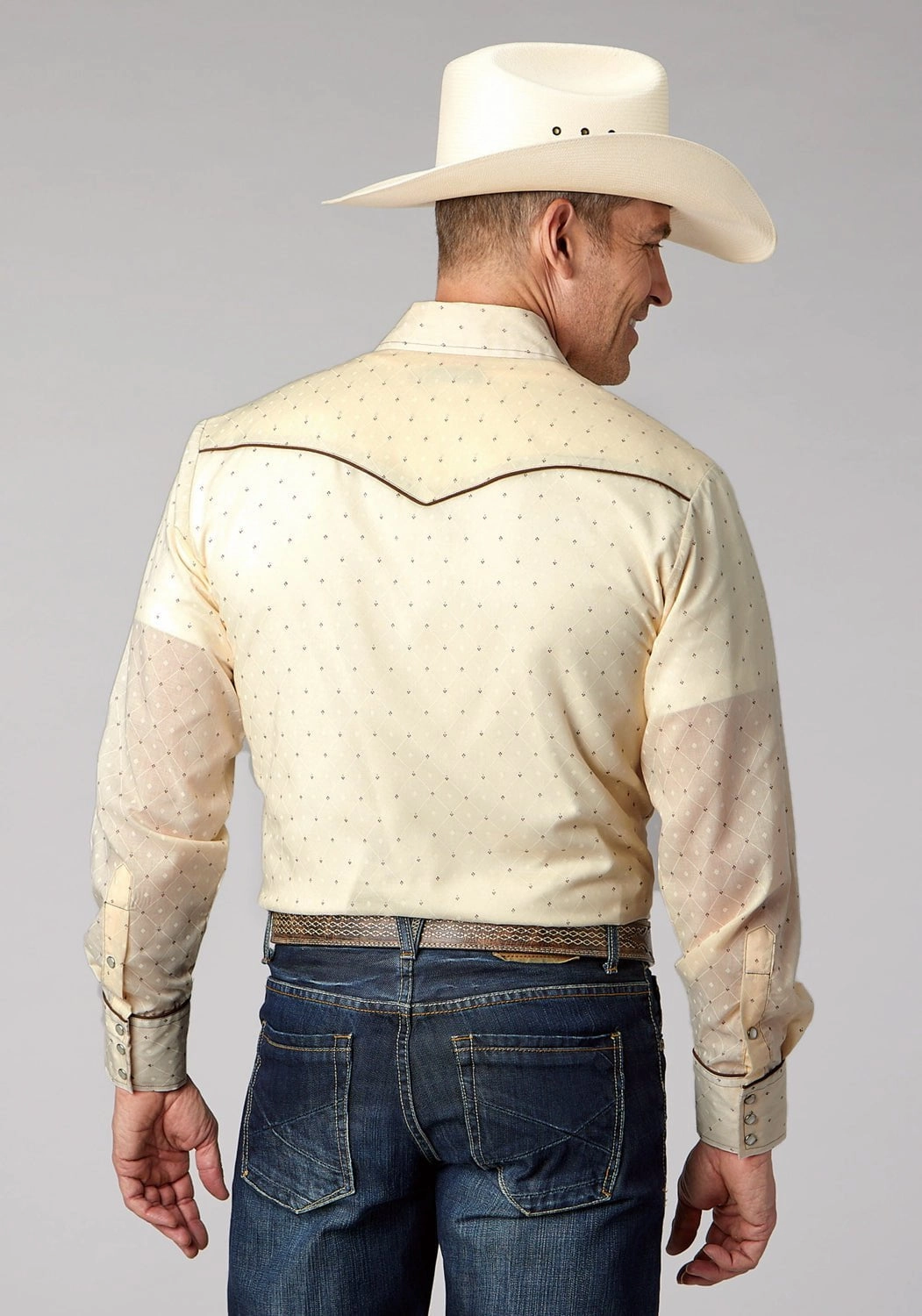 Roper Mens Diamond Wallpaper Cream/White Cotton Blend L/S Shirt Unisex style