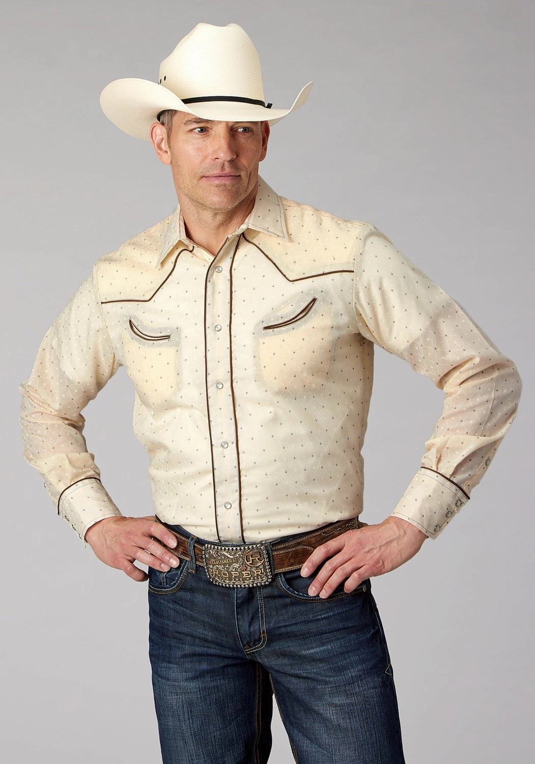 Roper Mens Diamond Wallpaper Cream/White Cotton Blend L/S Shirt Thermal Regulation Fabric On-The-Go Style