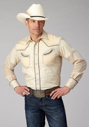 Roper Mens Diamond Wallpaper Cream/White Cotton Blend L/S Shirt Ombre look