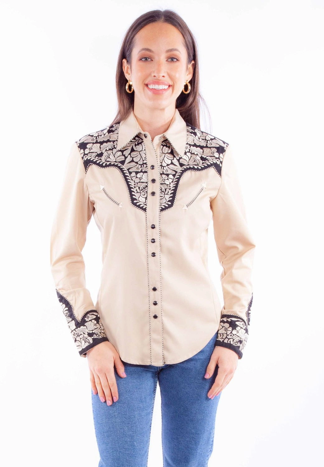 Scully Womens Embroidered Floral Tan Poly/Rayon L/S Shirt Tailored Fit