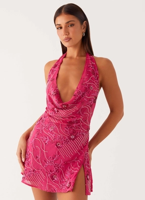 Cinzia Beaded Mini Dress - Fuchsia Aura Glow Urban Classic