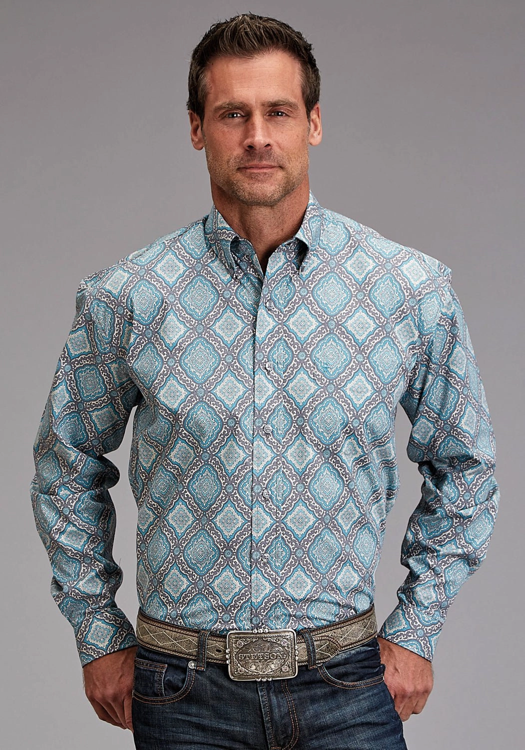 Everyday Wear Stetson Mens 1918 Medallion Turquoise 100% Cotton 1 Pkt L/S Shirt