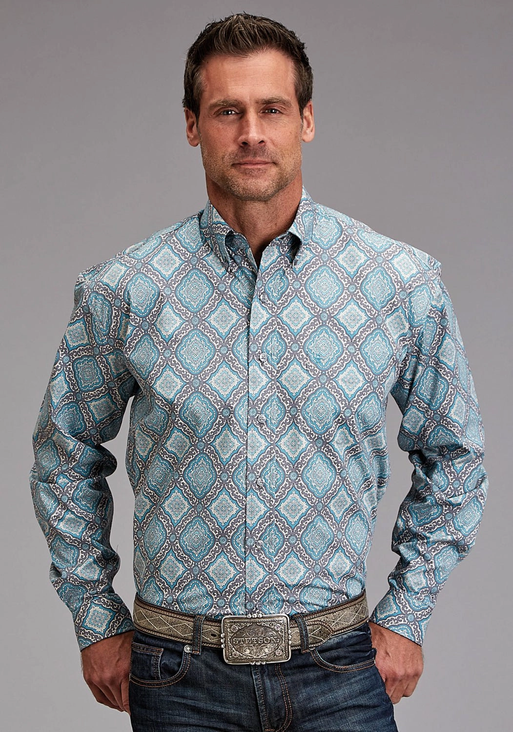 Rugged Style Stetson Mens 1918 Medallion Turquoise 100% Cotton 1 Pkt L/S Shirt