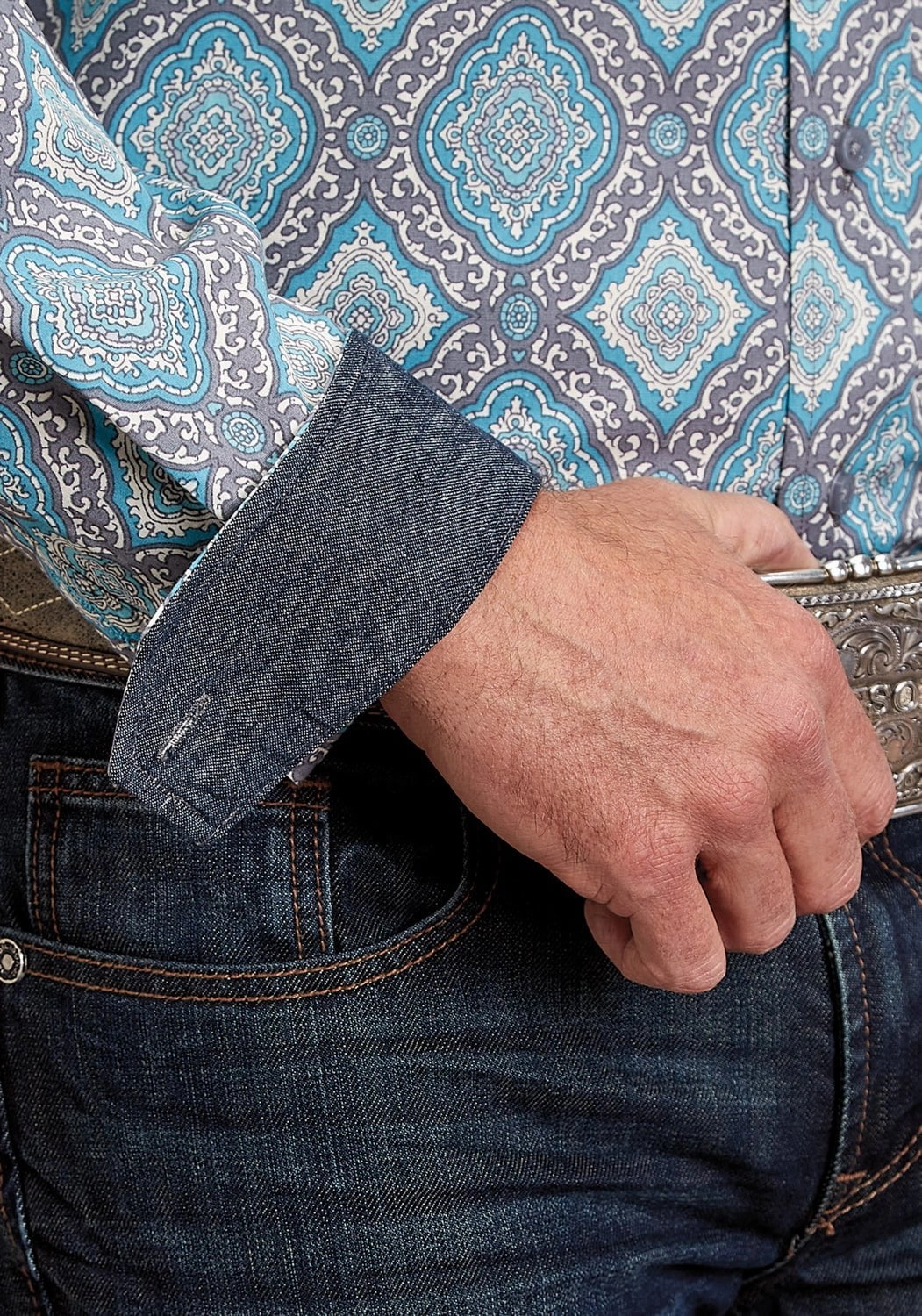 Subtle Print Stetson Mens 1918 Medallion Turquoise 100% Cotton 1 Pkt L/S Shirt