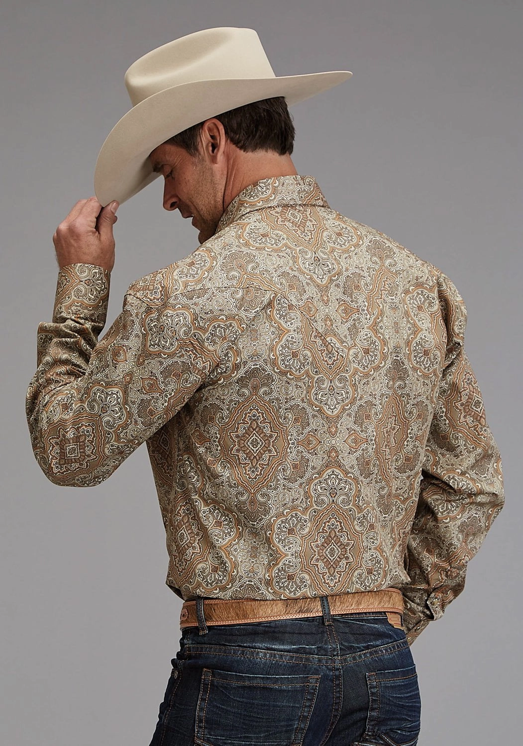 Stetson Mens 1921 Desert Paisley Brown 100% Cotton L/S Shirt Geometric Shape
