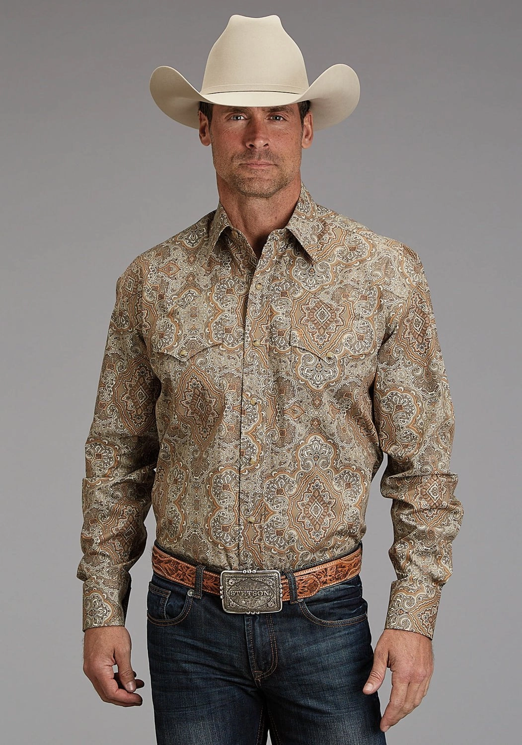 Stetson Mens 1921 Desert Paisley Brown 100% Cotton L/S Shirt Sleek Silhouette