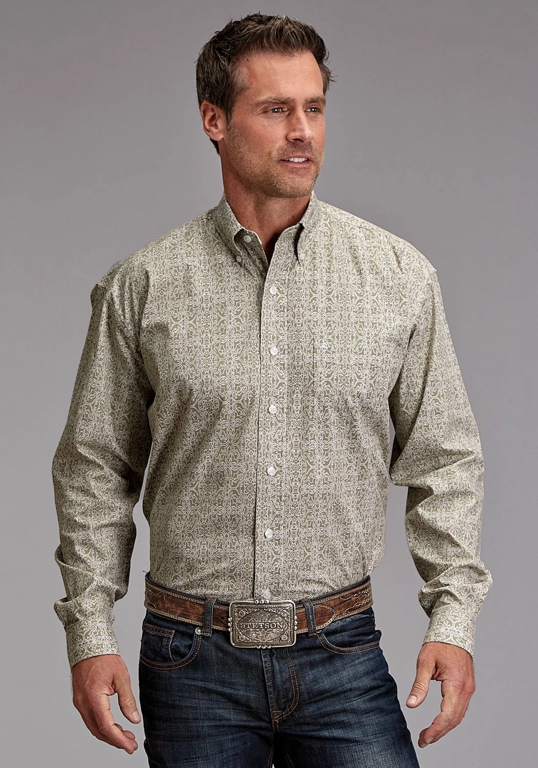 Stetson Mens 1922 Sand Medallion Brown 100% Cotton 1 Pkt L/S Shirt Lightweight texture