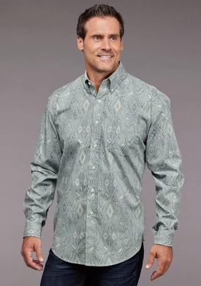 Stetson Mens 2033 Ghost Aztec Blue 100% Cotton 1 Pkt L/S Shirt Water Repellent Finish