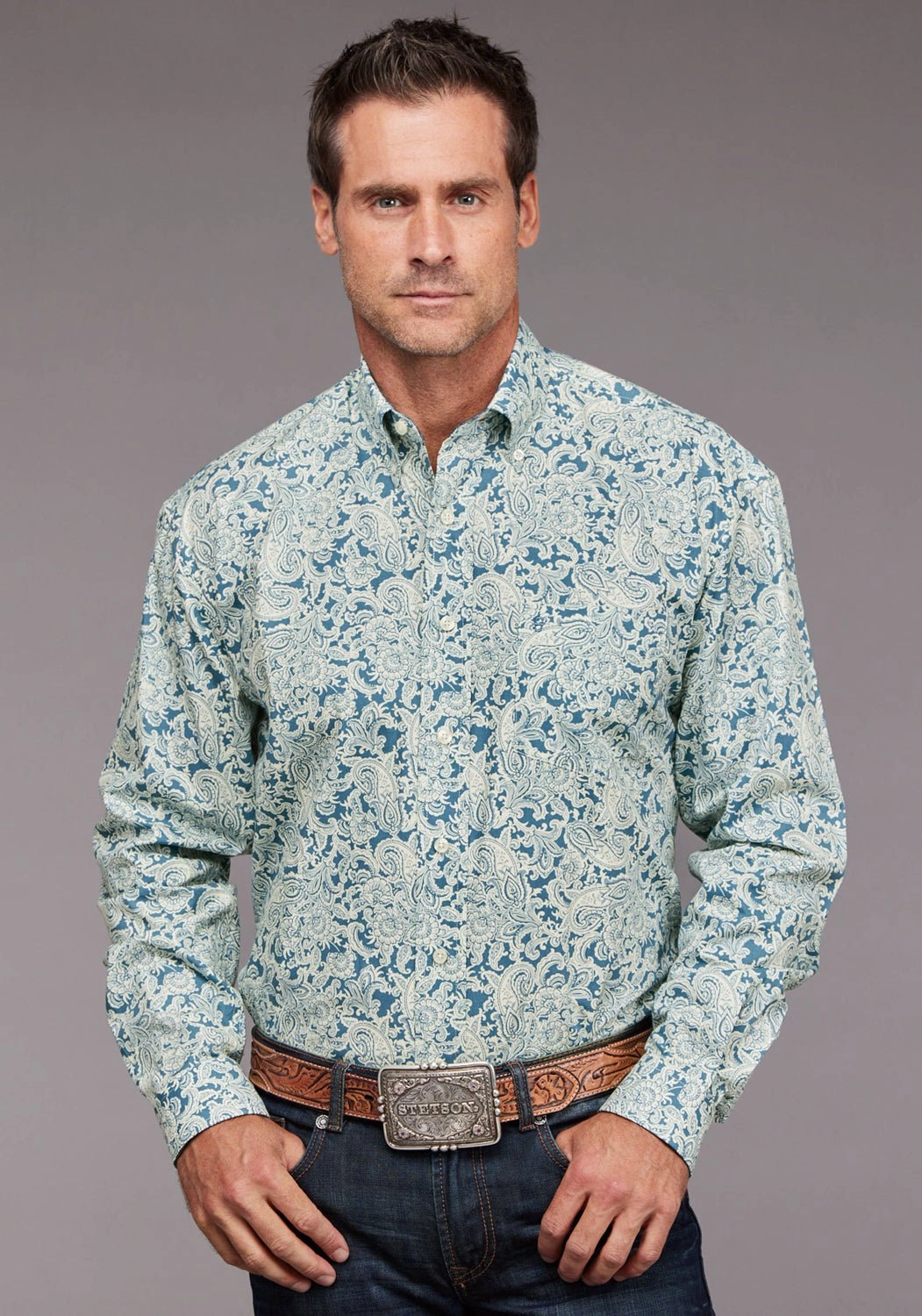 Low Profile Pocket Design Reinforced Hems Stetson Mens 2034 Tonal Paisley Blue 100% Cotton 1 Pkt L/S Shirt