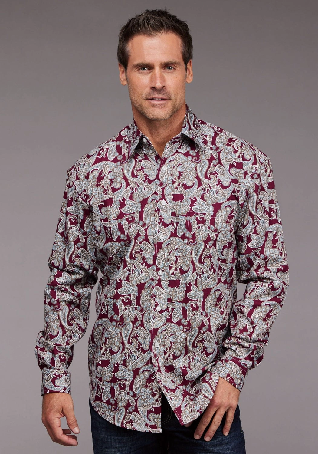 EasyCare Fabric Stetson Mens 2035 Country Paisley Wine 100% Cotton 1 Pkt L/S Shirt