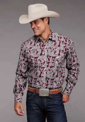 Stetson Mens 2035 Country Paisley Wine 100% Cotton L/S Shirt Non Static Finish