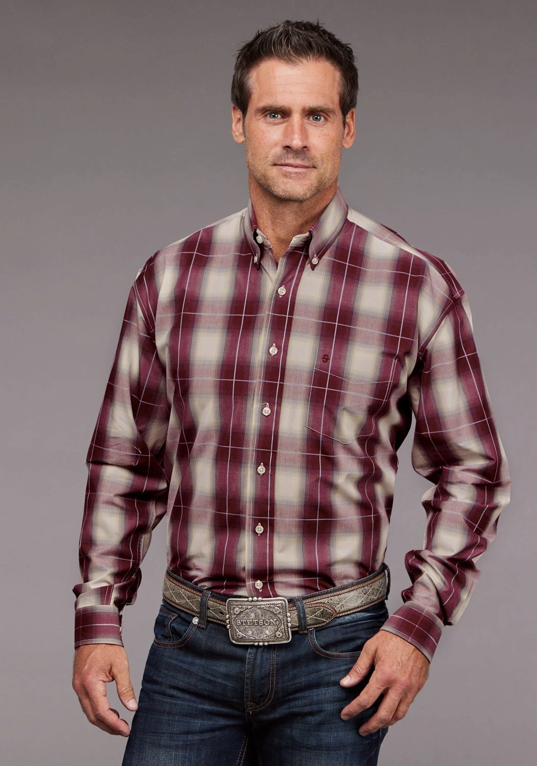 Holiday Style Stetson Mens 2038 Ombre Plaid Chianti 100% Cotton 1 Pkt L/S Shirt