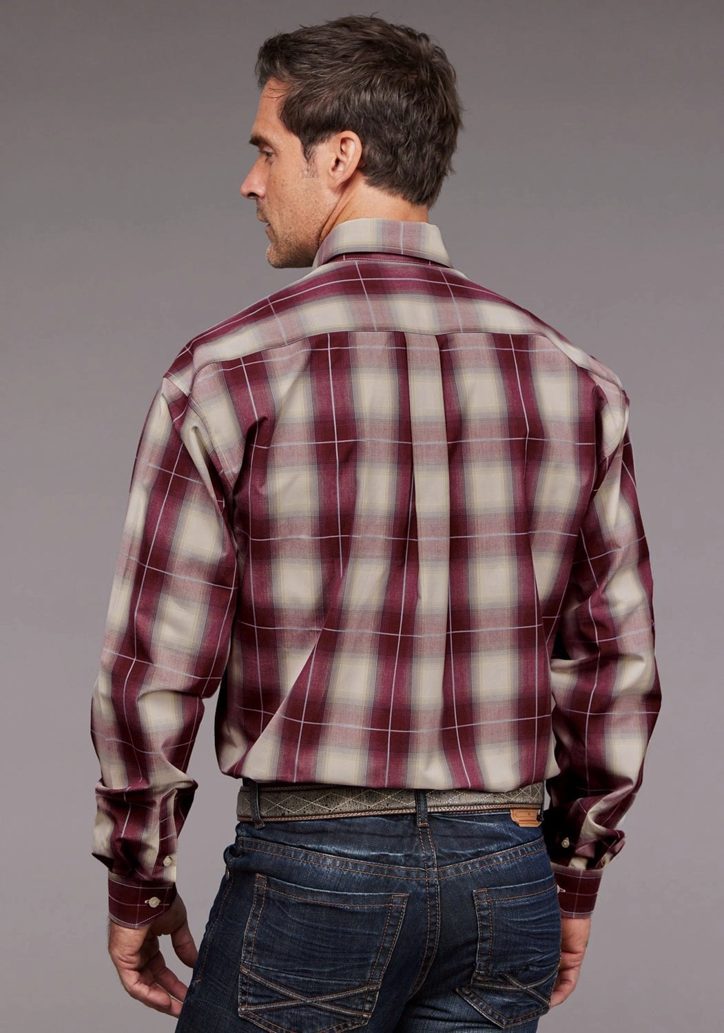 Non Restrictive Fit Stetson Mens 2038 Ombre Plaid Chianti 100% Cotton 1 Pkt L/S Shirt