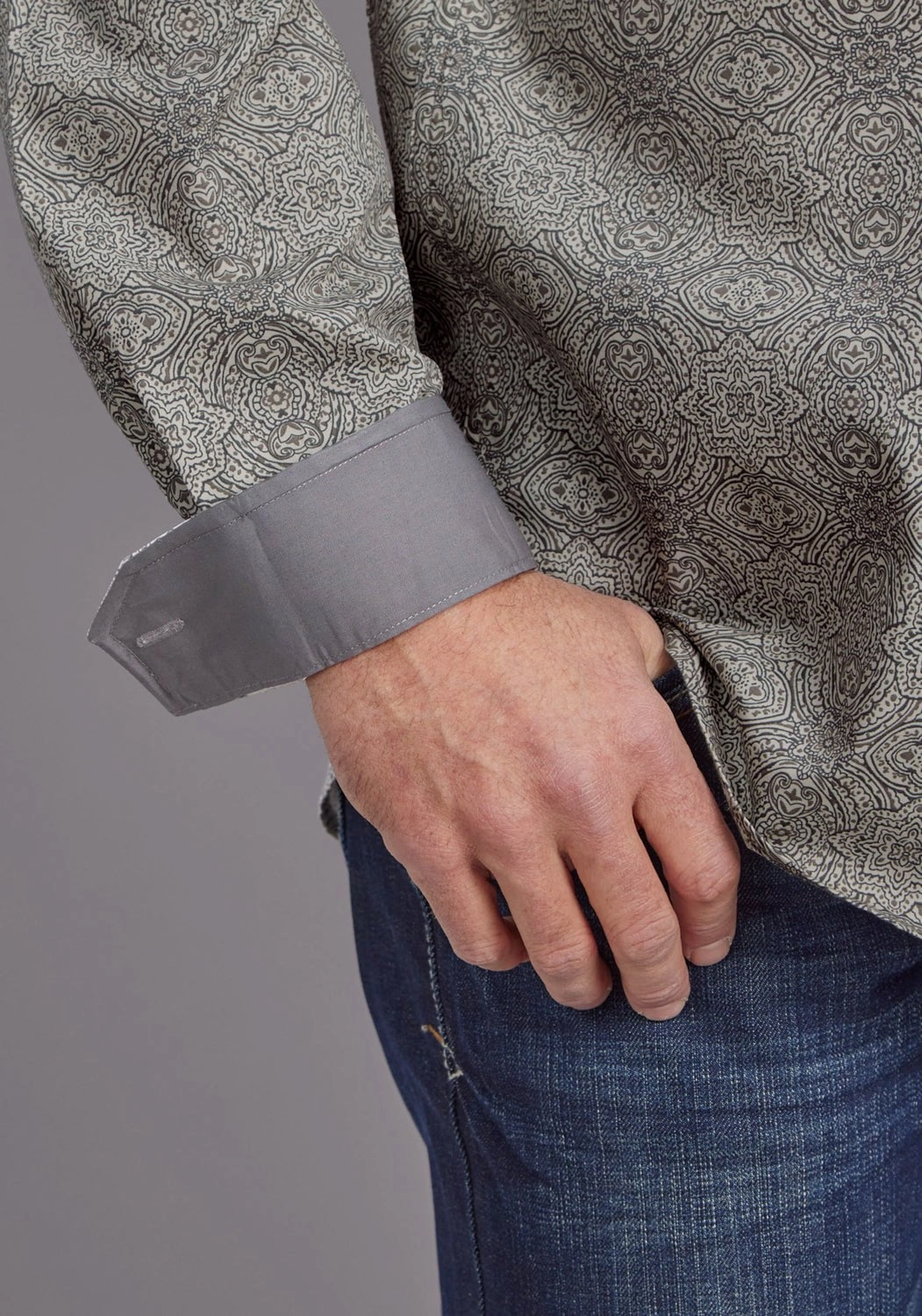 Stetson Mens 2144 Sterling Medallion Grey 100% Cotton 1 Pkt L/S Shirt Custom Fit Quick Release Cuffs