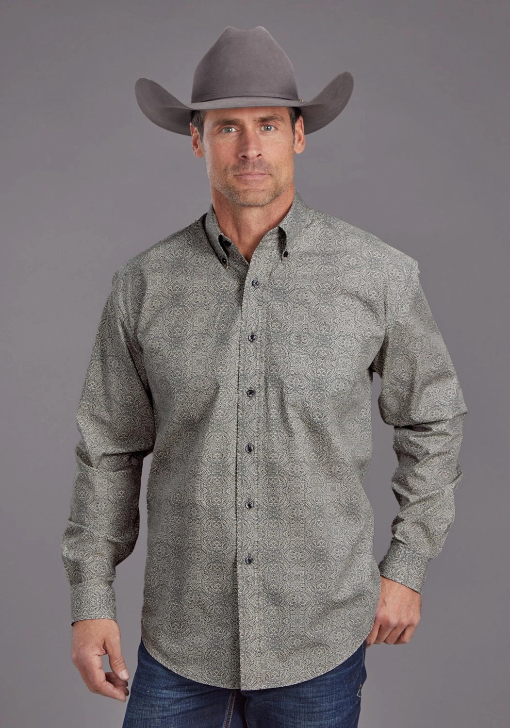 Bold Pattern Stetson Mens 2144 Sterling Medallion Grey 100% Cotton 1 Pkt L/S Shirt