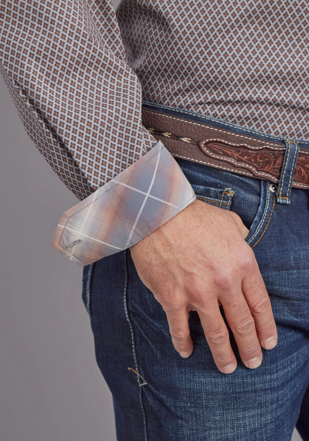 Stetson Mens 2145 Mini Foulard Grey 100% Cotton 1 Pkt L/S Shirt Soft Touch