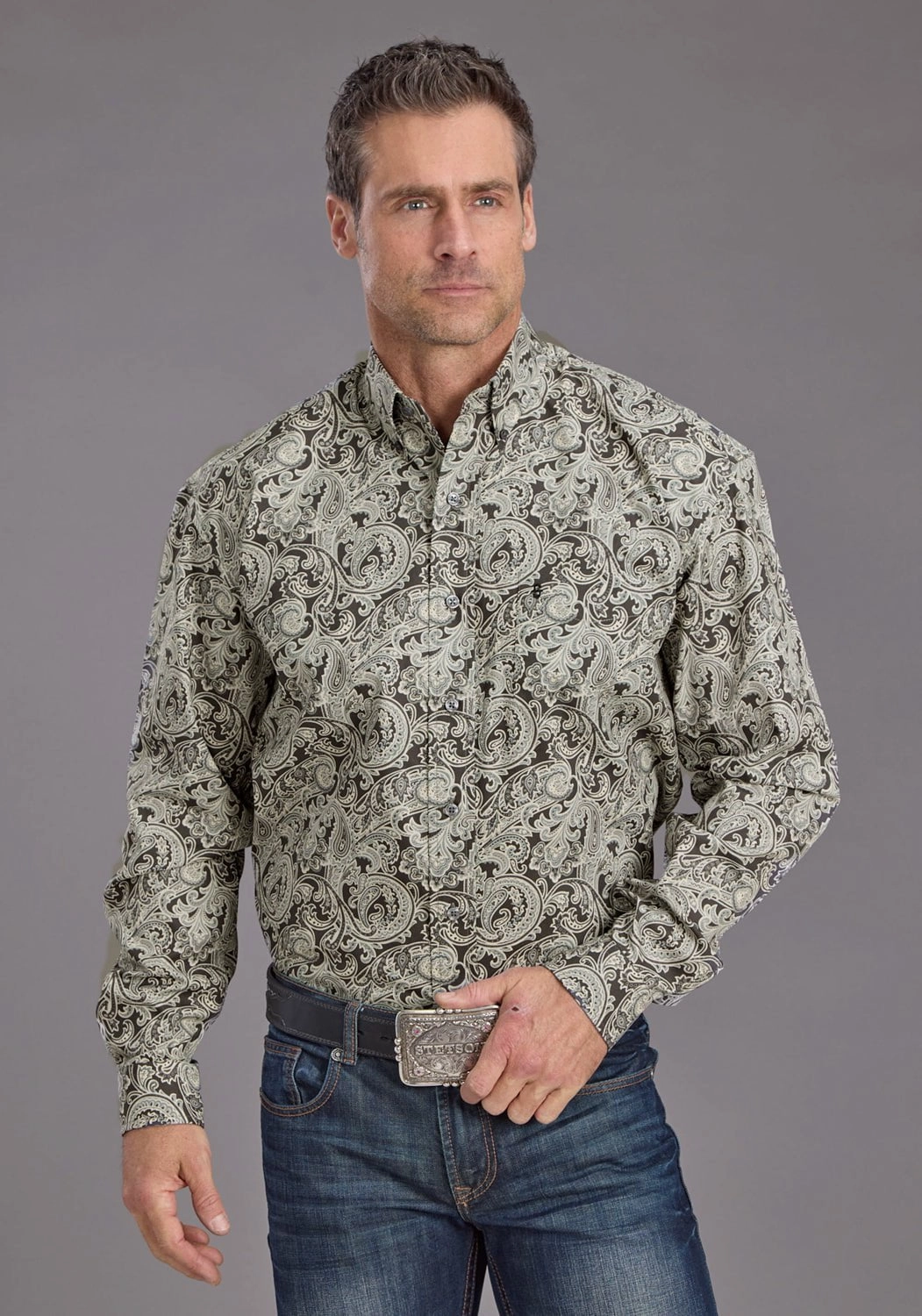 Geometric Design Stetson Mens 2235 Silver Paisley Grey 100% Cotton 1 Pkt L/S Shirt