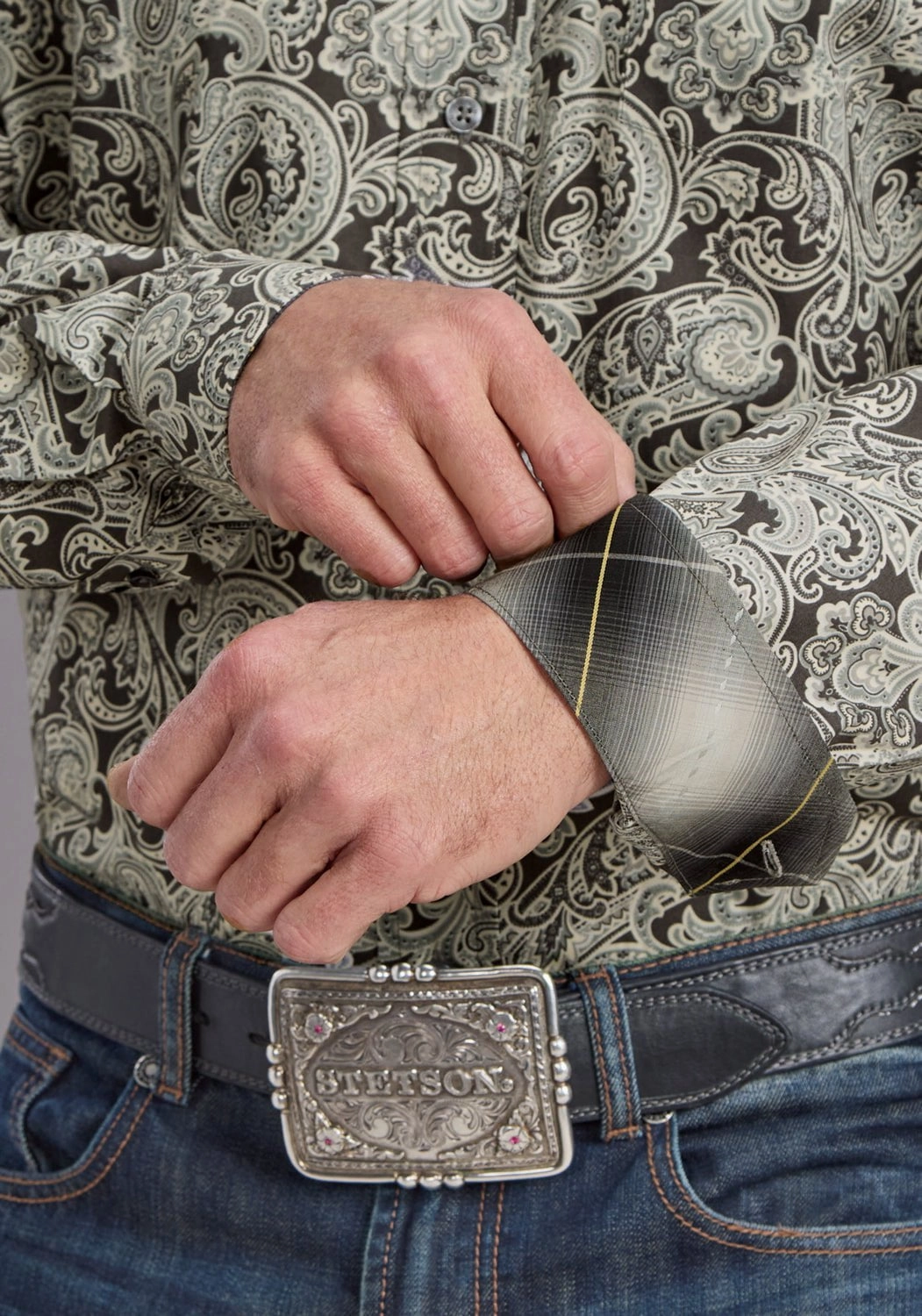 Stetson Mens 2235 Silver Paisley Grey 100% Cotton 1 Pkt L/S Shirt Camouflage Print Job Interview