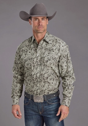 Unisex Option Stetson Mens 2235 Silver Paisley Grey 100% Cotton L/S Shirt