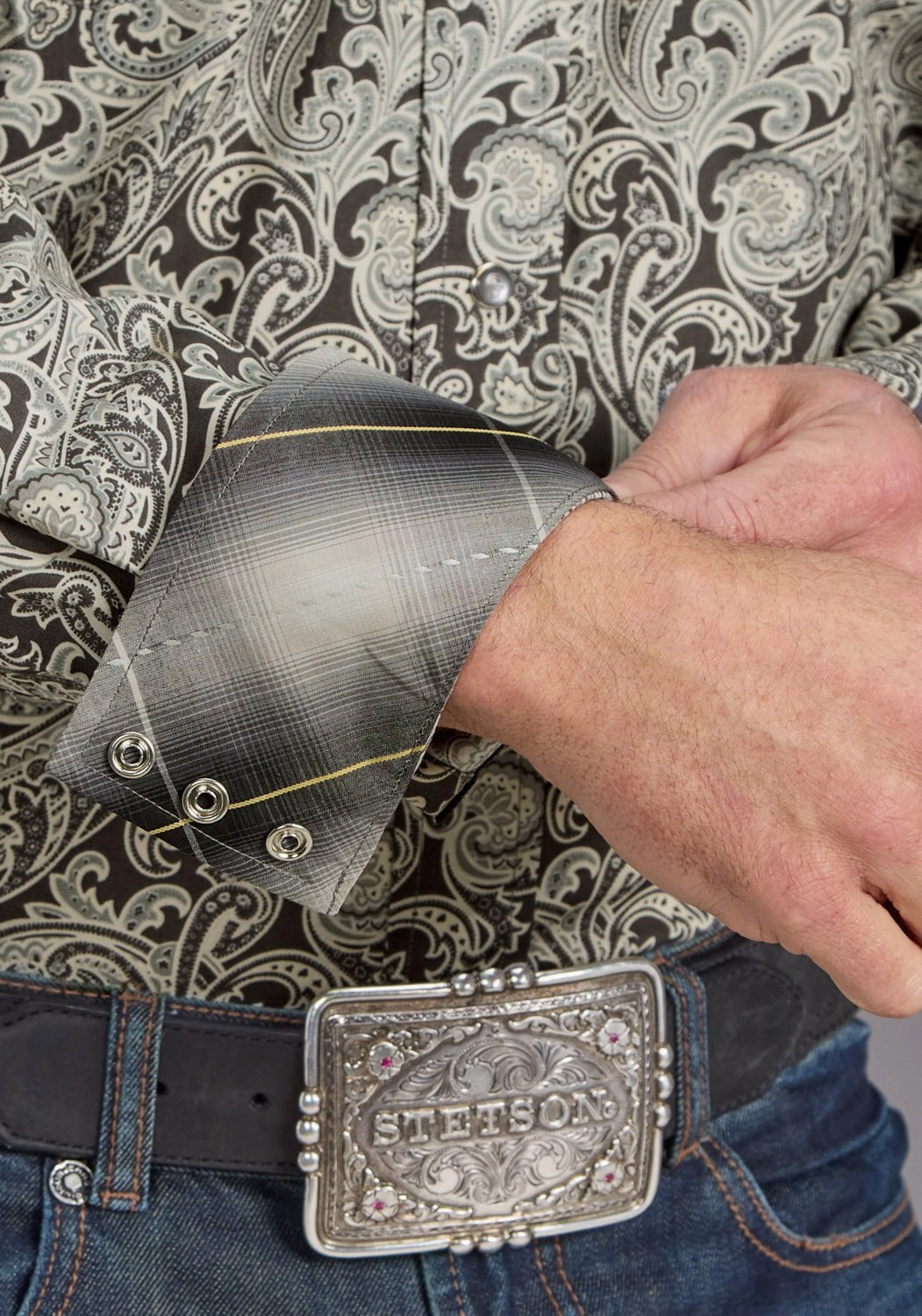 Stetson Mens 2235 Silver Paisley Grey 100% Cotton L/S Shirt Embellished Neckline Day-To-Night Wear