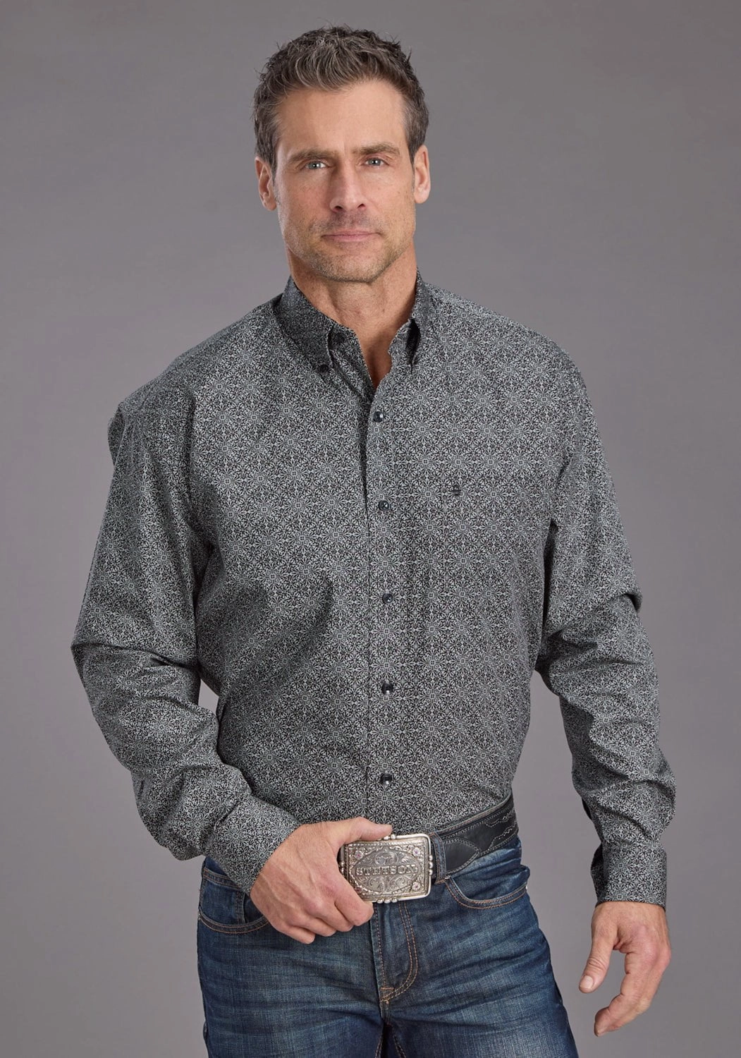 Soft touch finish Stetson Mens 2237 Iron Filigree Grey 100% Cotton 1 Pkt L/S Shirt
