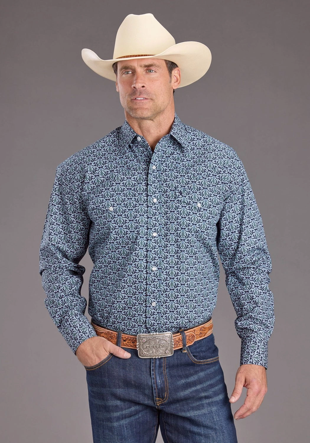 Multipurpose Utility Durable Material Stetson Mens 2390 Navy Medallion Blue 100% Cotton L/S Shirt