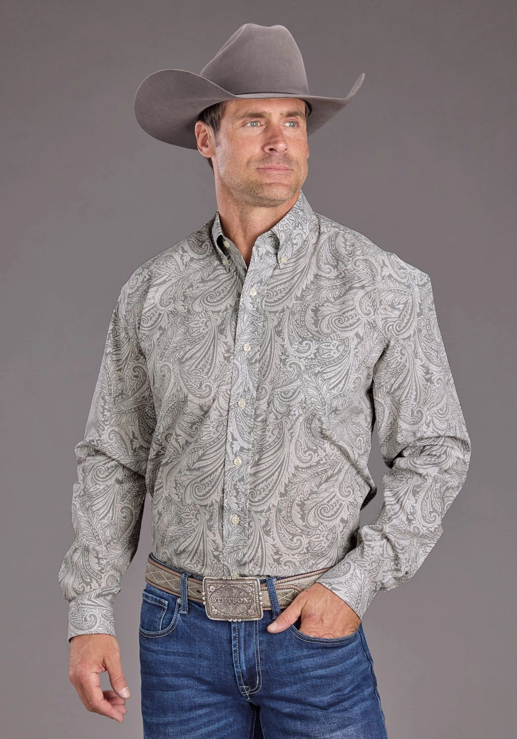 Stetson Mens 2394 Paisley Smoke Grey 100% Cotton 1 Pkt L/S Shirt Modern Style