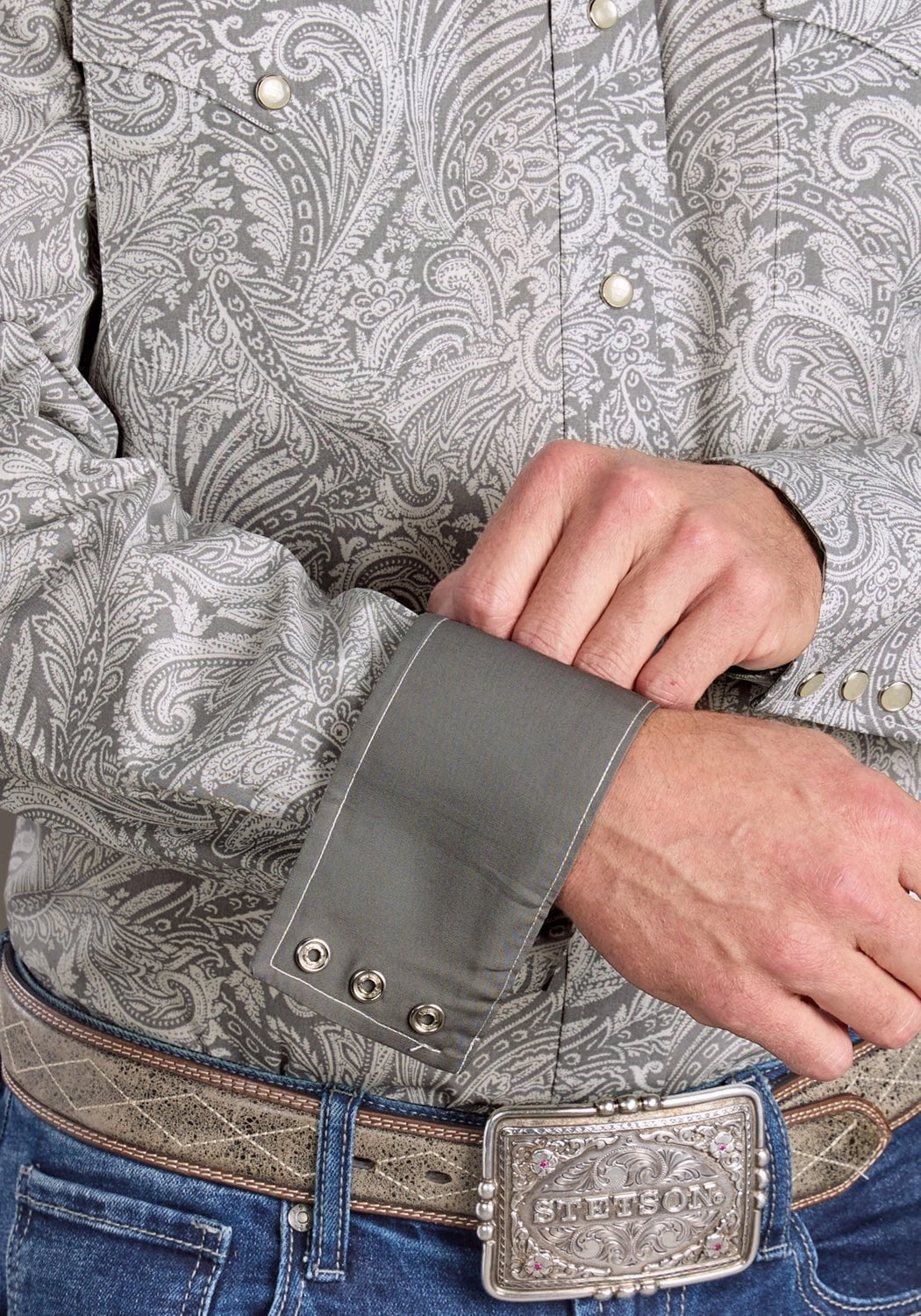Stetson Mens 2394 Smoke Paisley Grey 100% Cotton L/S Shirt Travelers Choice