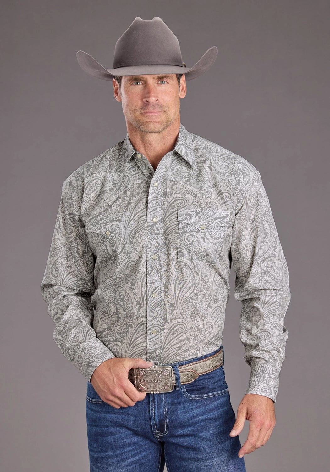Stetson Mens 2394 Smoke Paisley Grey 100% Cotton L/S Shirt Gradient effect Bold Statement