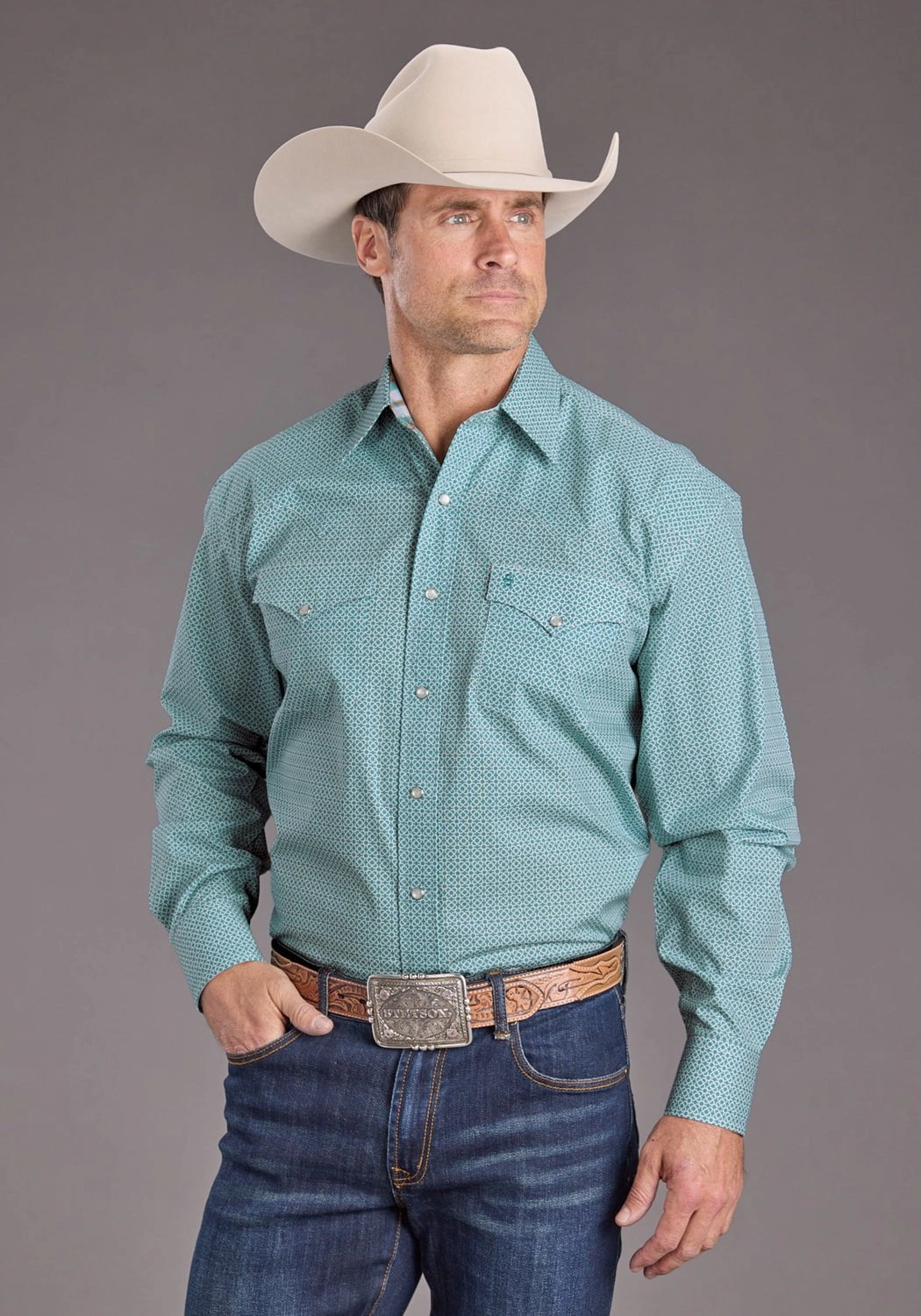 Stetson Mens 2400 Mosaic Geo Blue 100% Cotton L/S Shirt Youth fashion