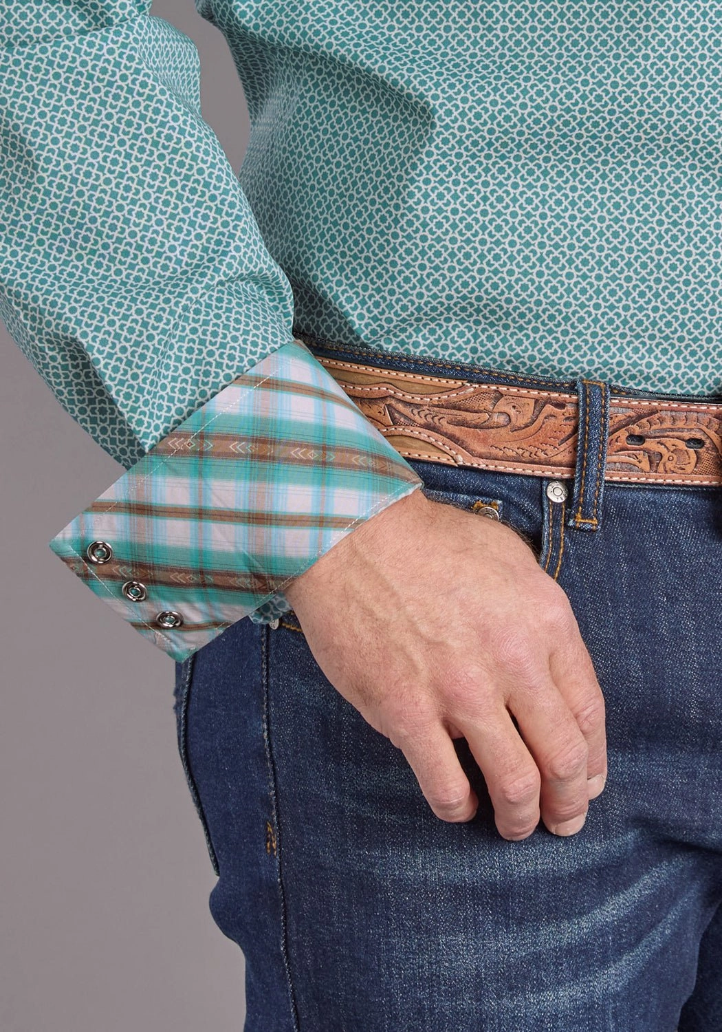 Team Building Stetson Mens 2400 Mosaic Geo Blue 100% Cotton L/S Shirt