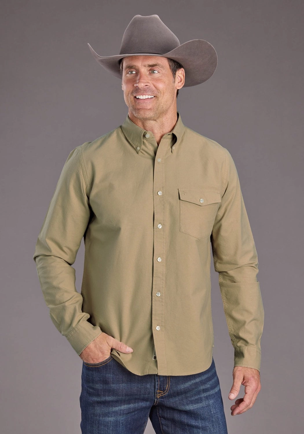 Weekend Adventure Hypoallergenic Lining Stetson Mens 2447 Peached Oxford Khaki 100% Cotton 1 Pkt L/S Shirt