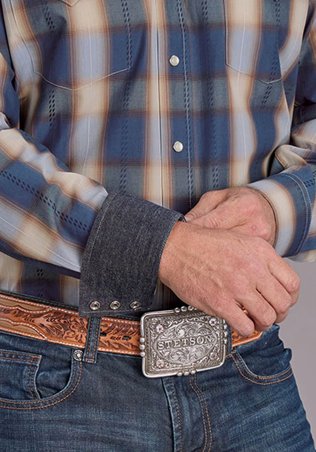 Sheer Panel Stetson Mens 2513 Ranch Plaid Blue/White 100% Cotton L/S Shirt