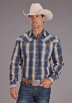 Stetson Mens 2513 Ranch Plaid Blue/White 100% Cotton L/S Shirt Thermoregulating Layer