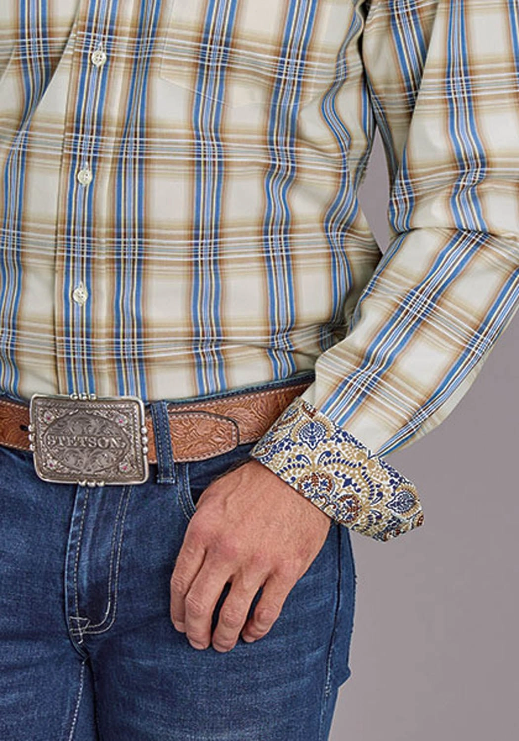 Stetson Mens 2514 Cinnabar Plaid Brown 100% Cotton 1 Pkt L/S Shirt Slim Silhouette