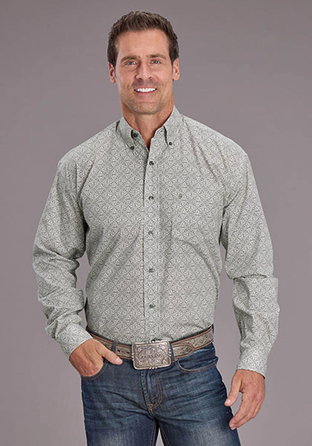 Button front Stetson Mens 2518 Pewter Filigree Grey 100% Cotton 1 Pkt L/S Shirt