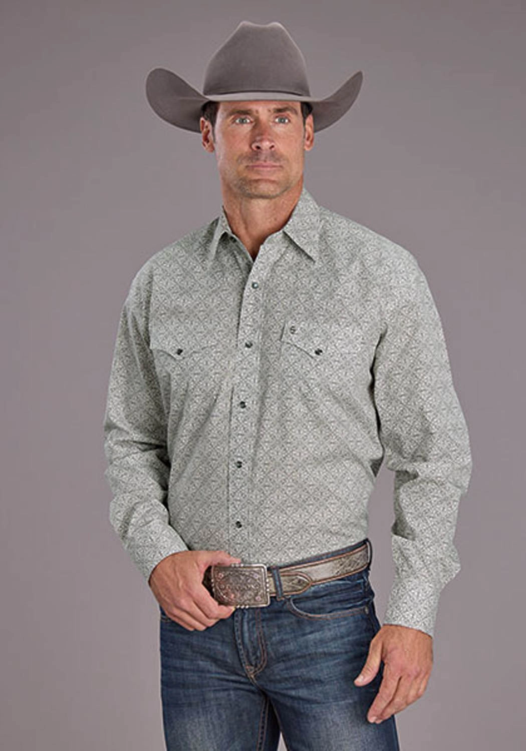 Durable Quality Polished Style Stetson Mens 2518 Pewter Filigree Grey 100% Cotton L/S Shirt