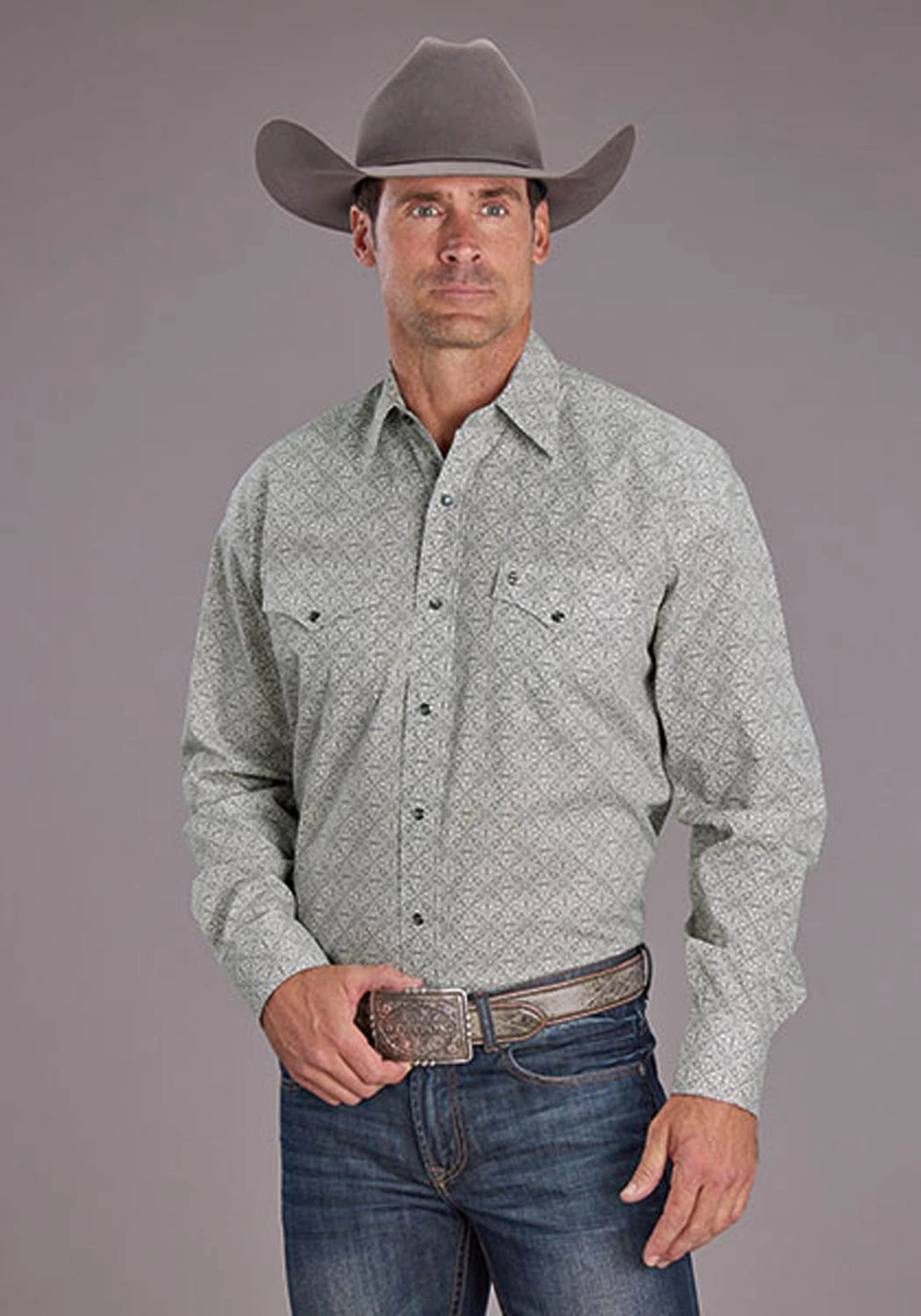 Gender Neutral Stetson Mens 2518 Pewter Filigree Grey 100% Cotton L/S Shirt