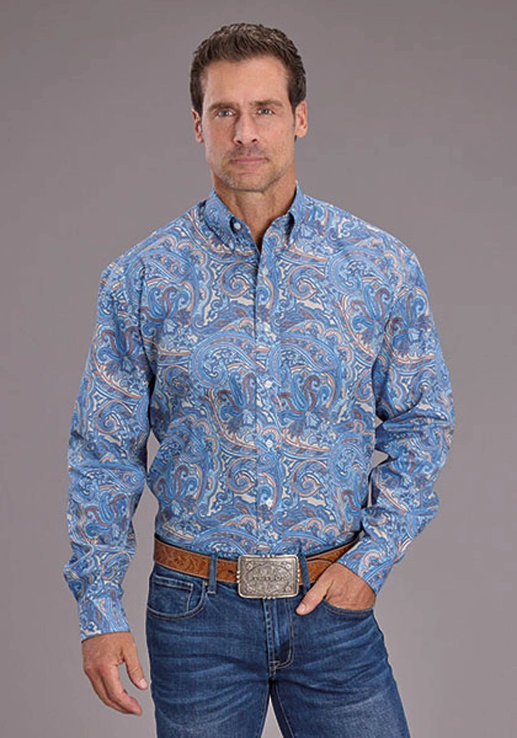 Luxurious Feel Refined Aesthetic Stetson Mens 2521 Sunrise Paisley Blue 100% Cotton L/S Shirt