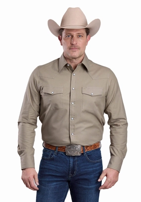 Stetson Mens 2768 Soft Oxford Dusty Olive 100% Cotton L/S Shirt Quick Release Placket Winter Collection